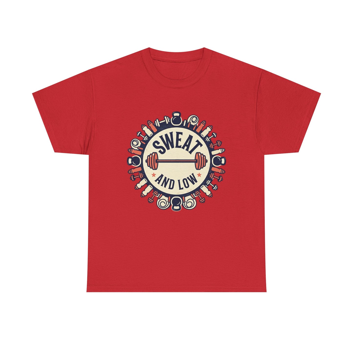 Sweat and Love T-Shirt | Fitness Emblem, Barbell and Kettlebell Design