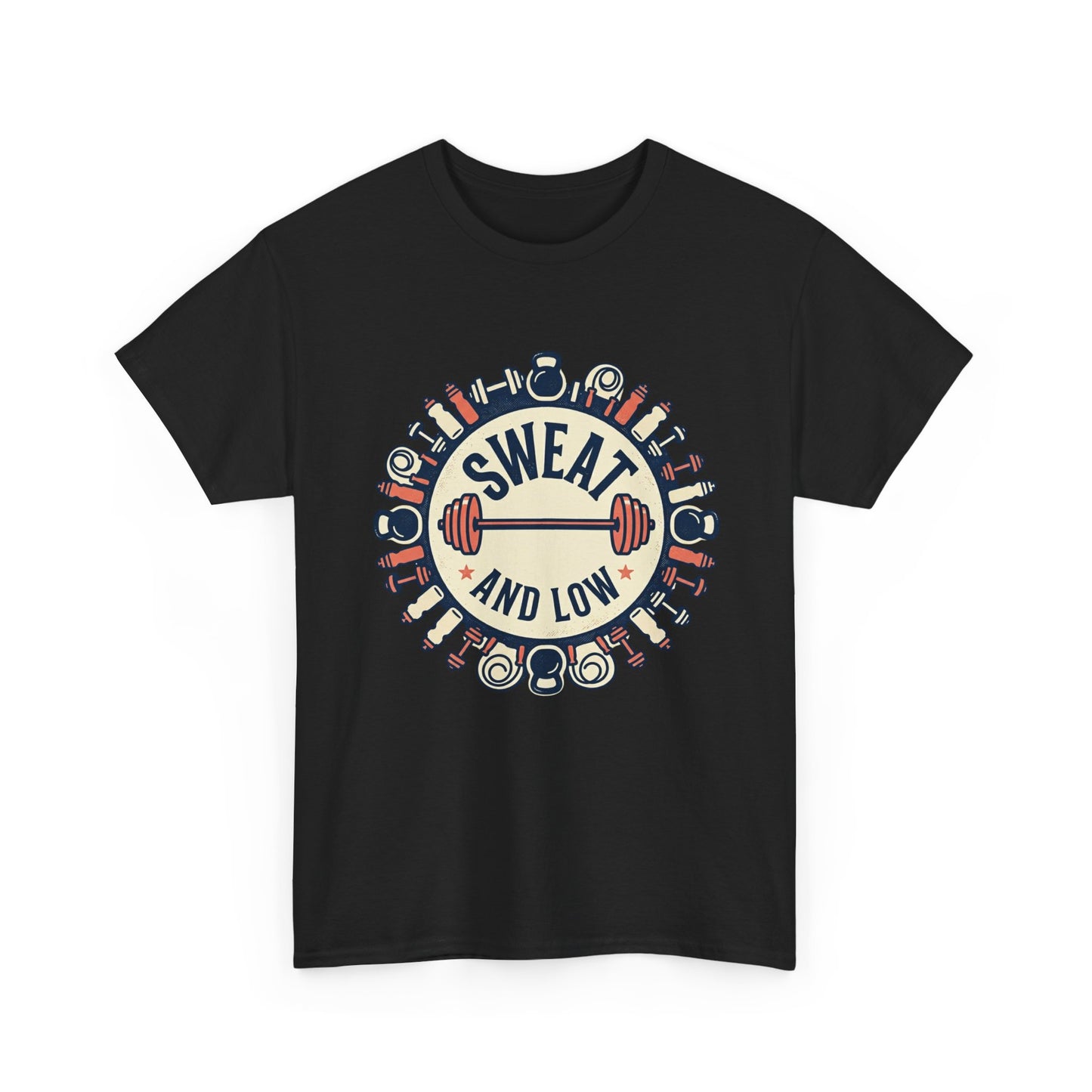 Sweat and Love T-Shirt | Fitness Emblem, Barbell and Kettlebell Design
