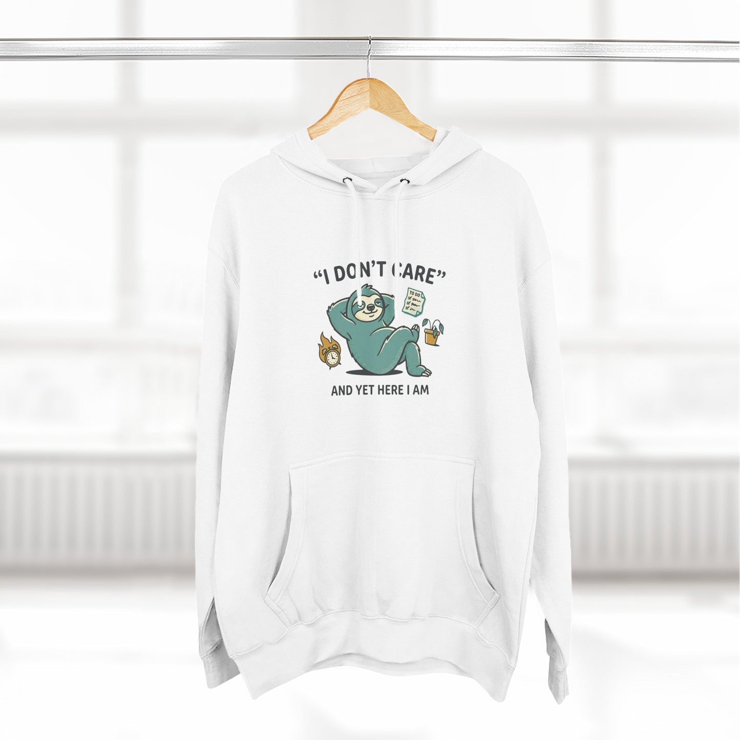 I Don't Care Sloth Hoodie | Lazy Sloth Illustration, Humorous Quote Pullover