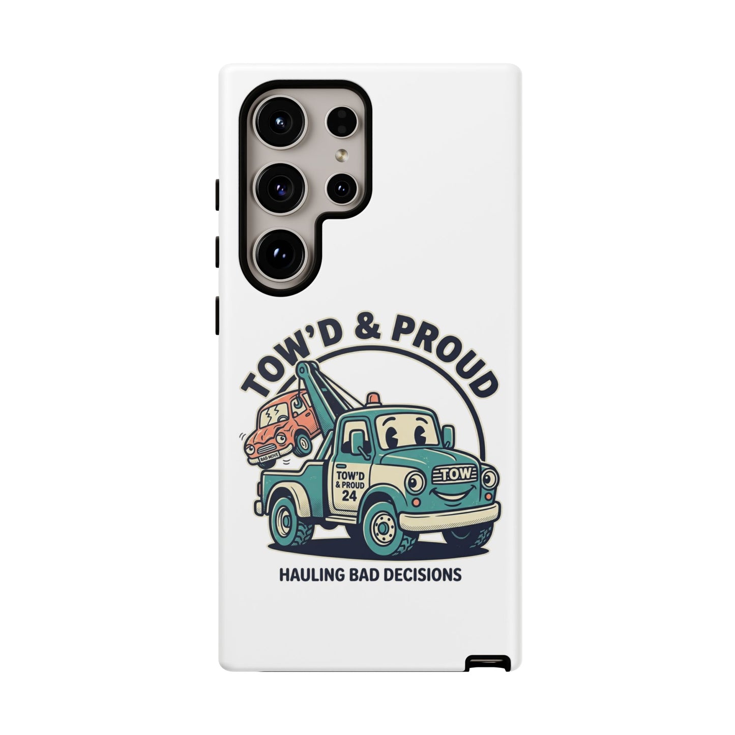 Fast Shipping 3-5 business days in the US. Tow'd & Proud tow truck phone case | humorous tow truck design