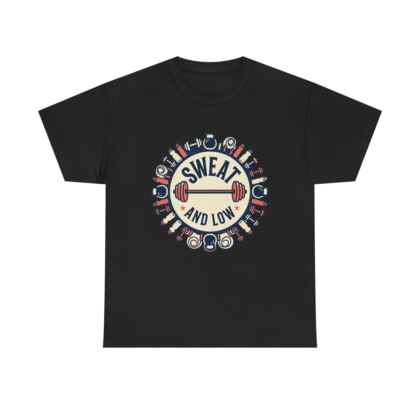 Sweat and Love T-Shirt | Fitness Emblem, Barbell and Kettlebell Design
