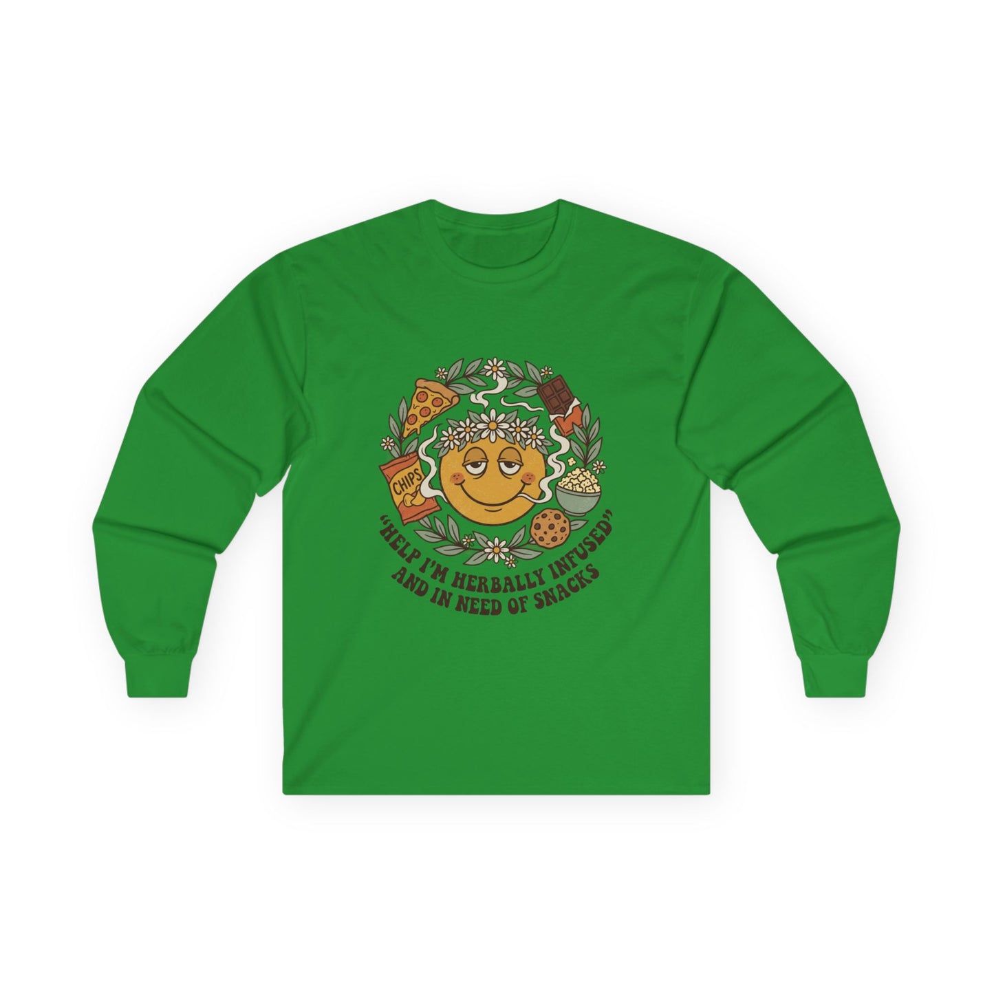 Long Sleeve Tee — 'Heal Thy Herbally Infused, Baked and Kneed of Snacks' Retro Smiley Snack Lovers Shirt