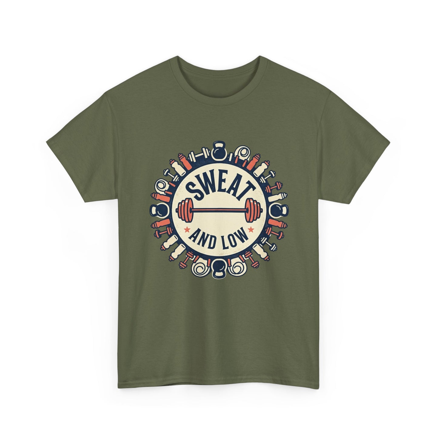 Sweat and Love T-Shirt | Fitness Emblem, Barbell and Kettlebell Design