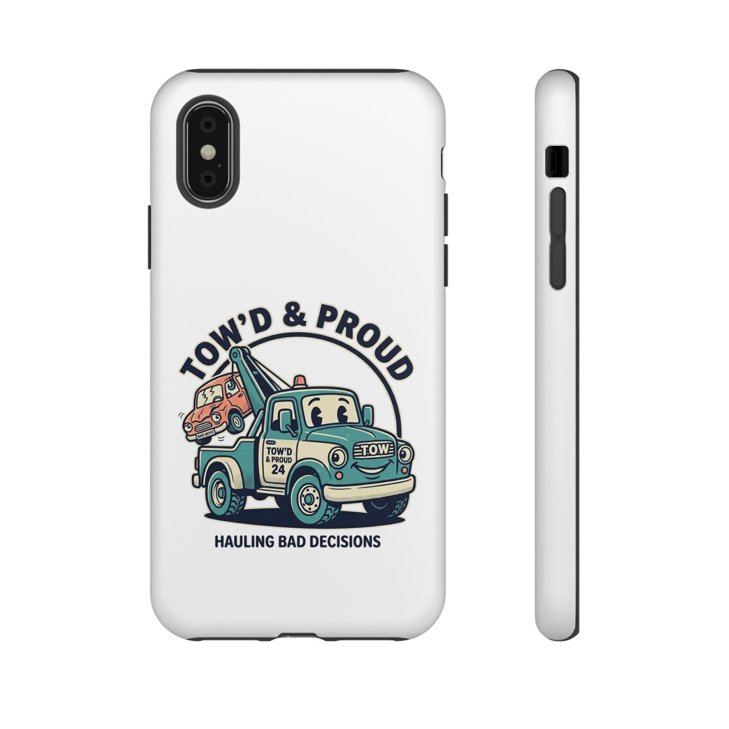 Fast Shipping 3-5 business days in the US. Tow'd & Proud tow truck phone case | humorous tow truck design
