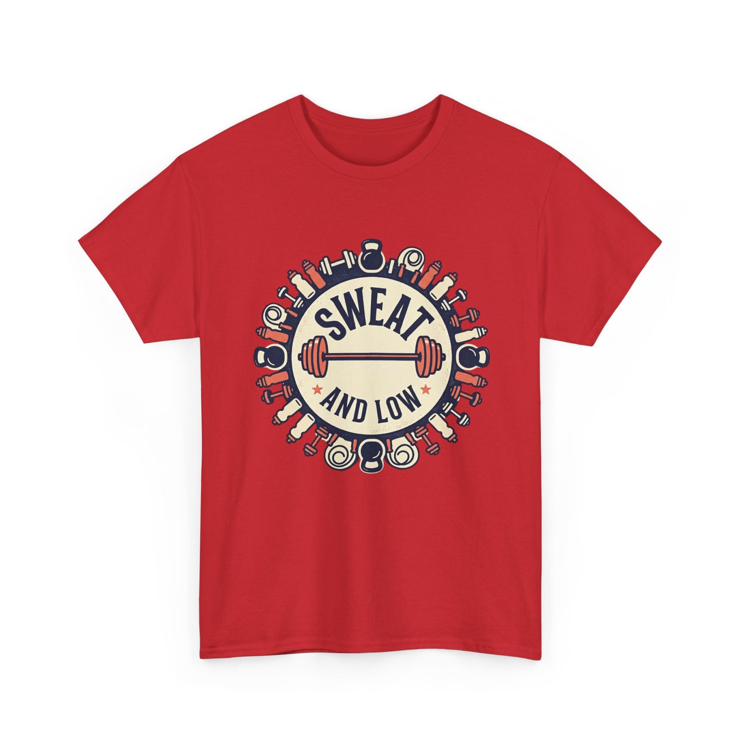 Sweat and Love T-Shirt | Fitness Emblem, Barbell and Kettlebell Design