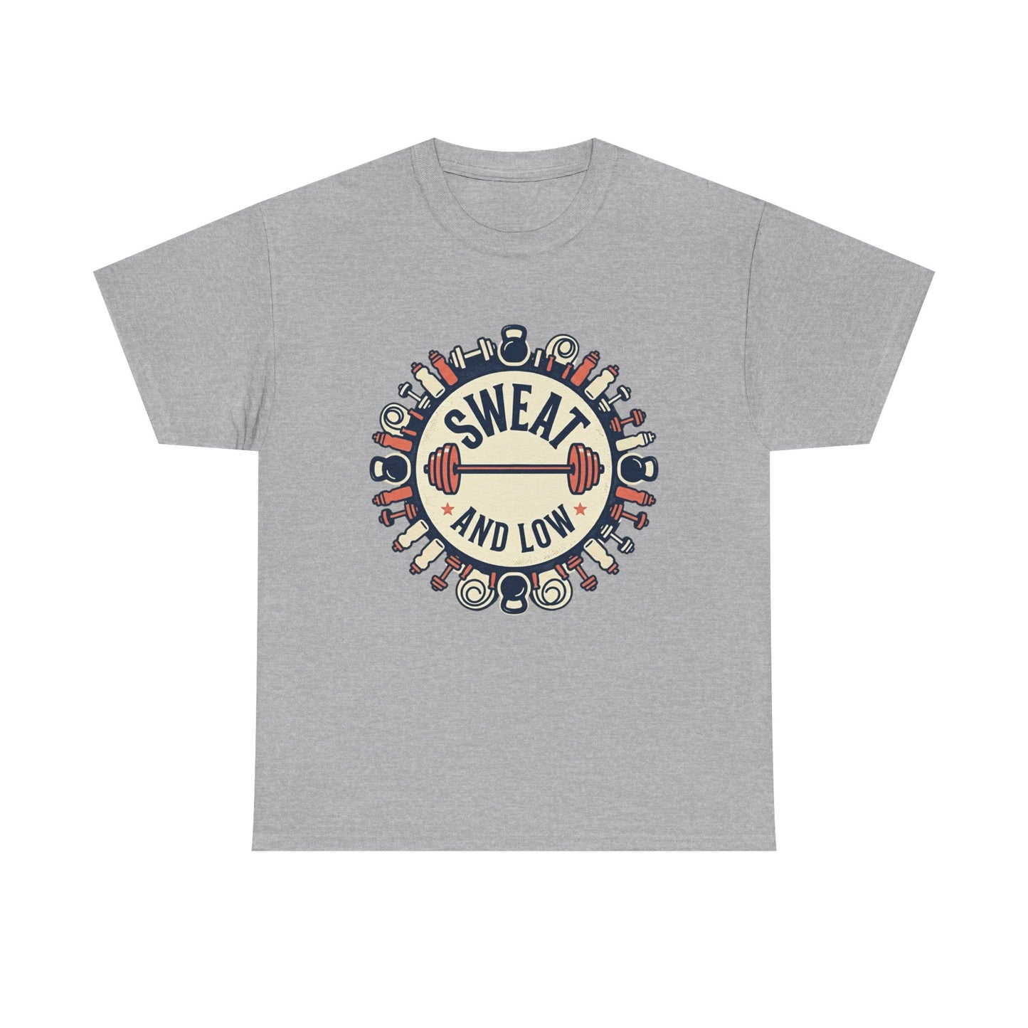 Sweat and Love T-Shirt | Fitness Emblem, Barbell and Kettlebell Design