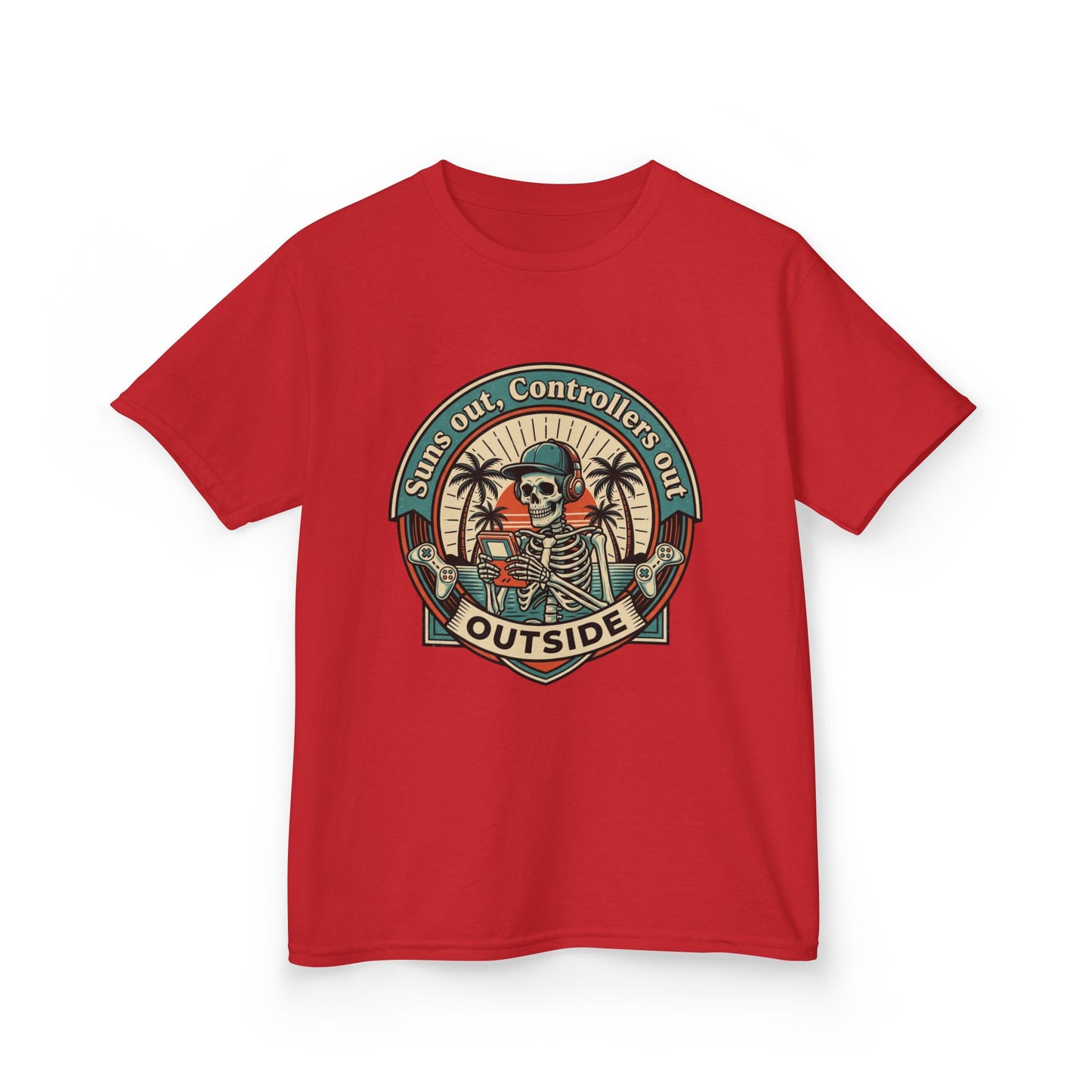 Skeleton Surf Scene Kids Tee | 'Stay Out, Controller's Out' Vintage Beach Badge