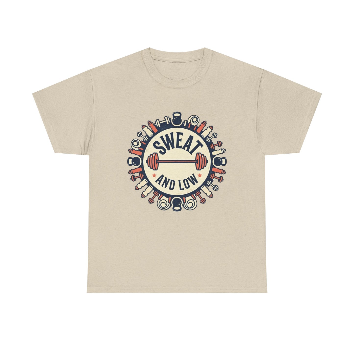 Sweat and Love T-Shirt | Fitness Emblem, Barbell and Kettlebell Design