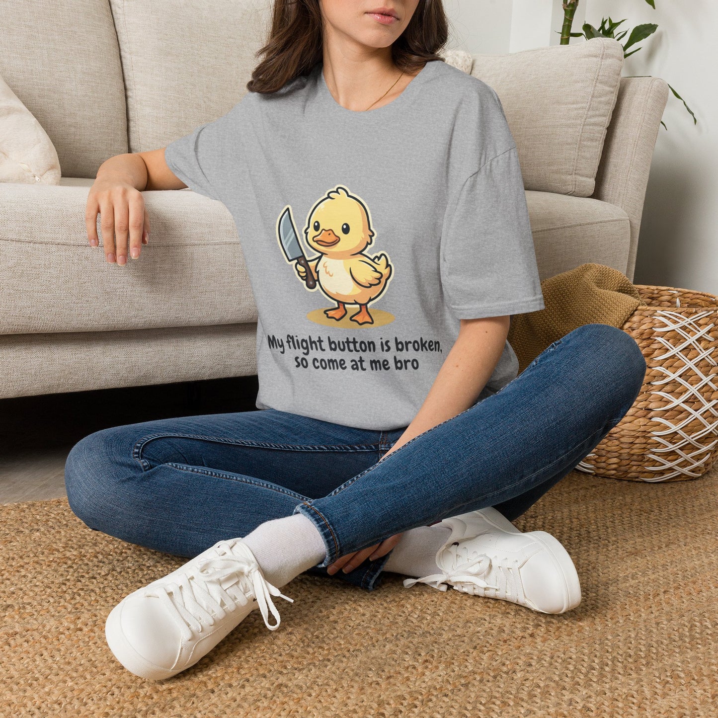 T-Shirt — Cute Angry Chick with Knife "My Flight Button Is Broken So Come At Me Bro"