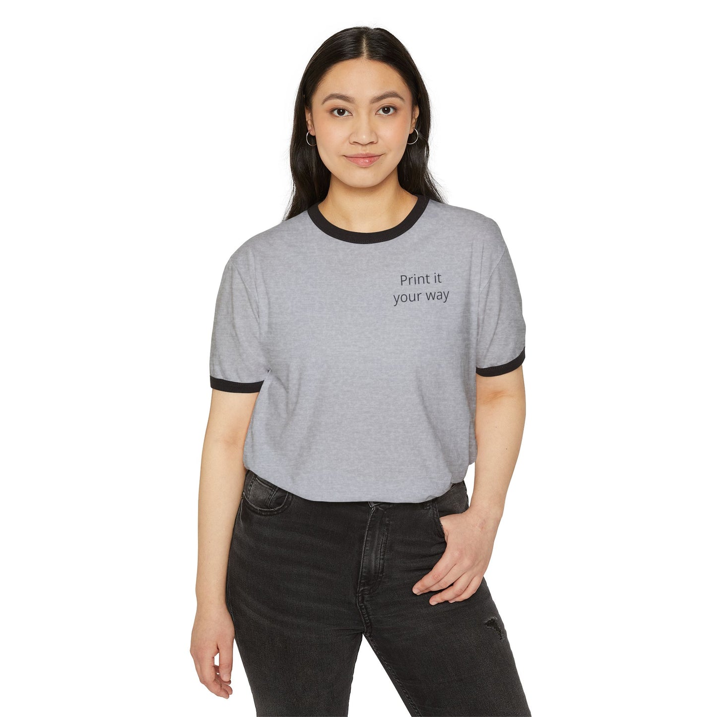 Fast Shipping 3-5 business days in the US. Print It Your Way cream ringer tee | customizable chest text, navy trim