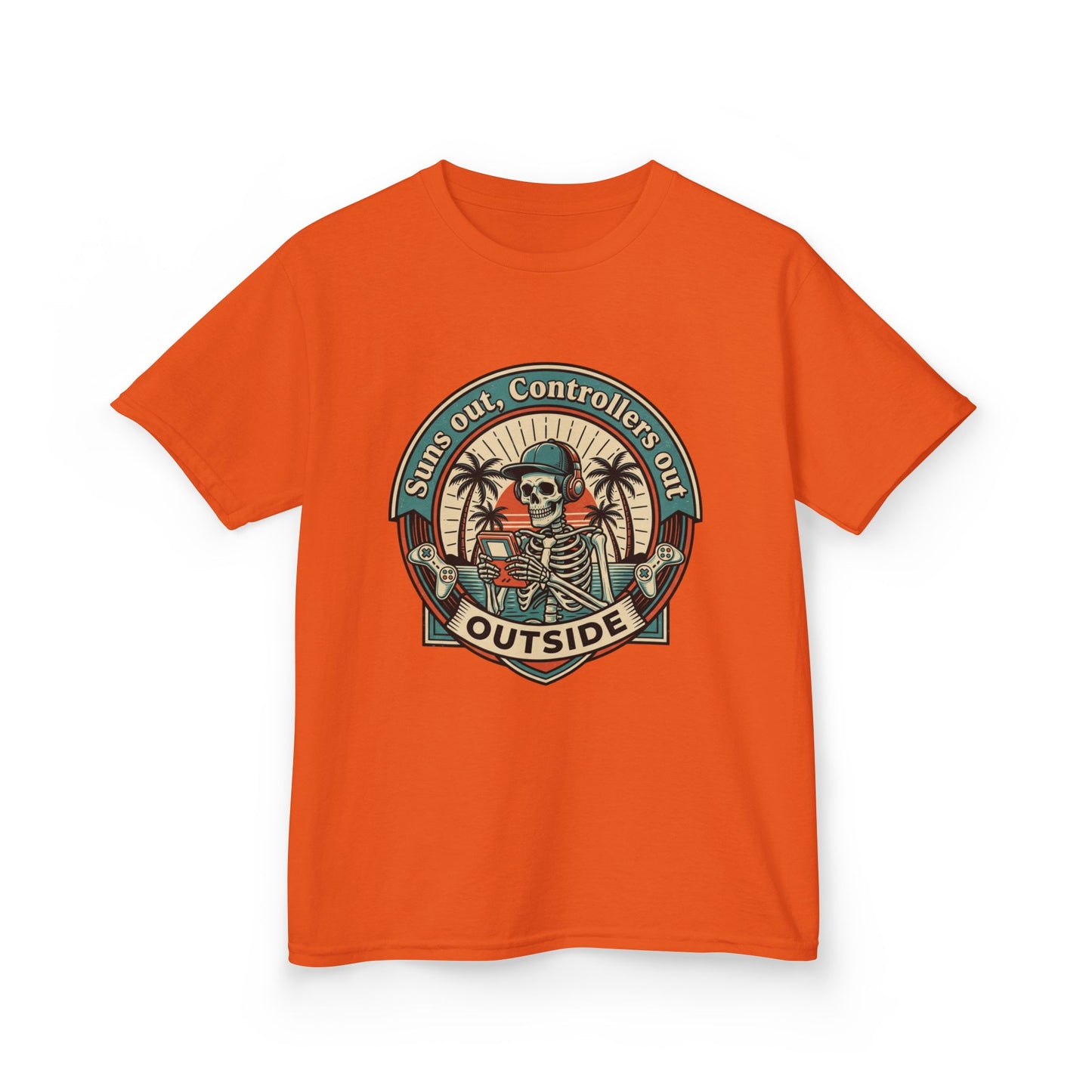Skeleton Surf Scene Kids Tee | 'Stay Out, Controller's Out' Vintage Beach Badge