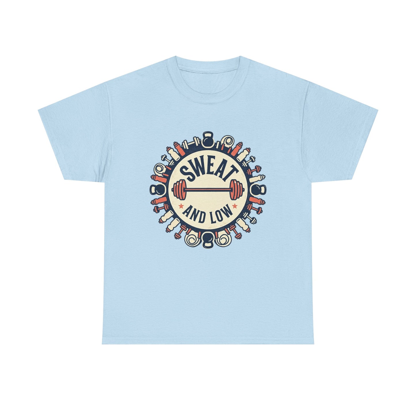 Sweat and Love T-Shirt | Fitness Emblem, Barbell and Kettlebell Design