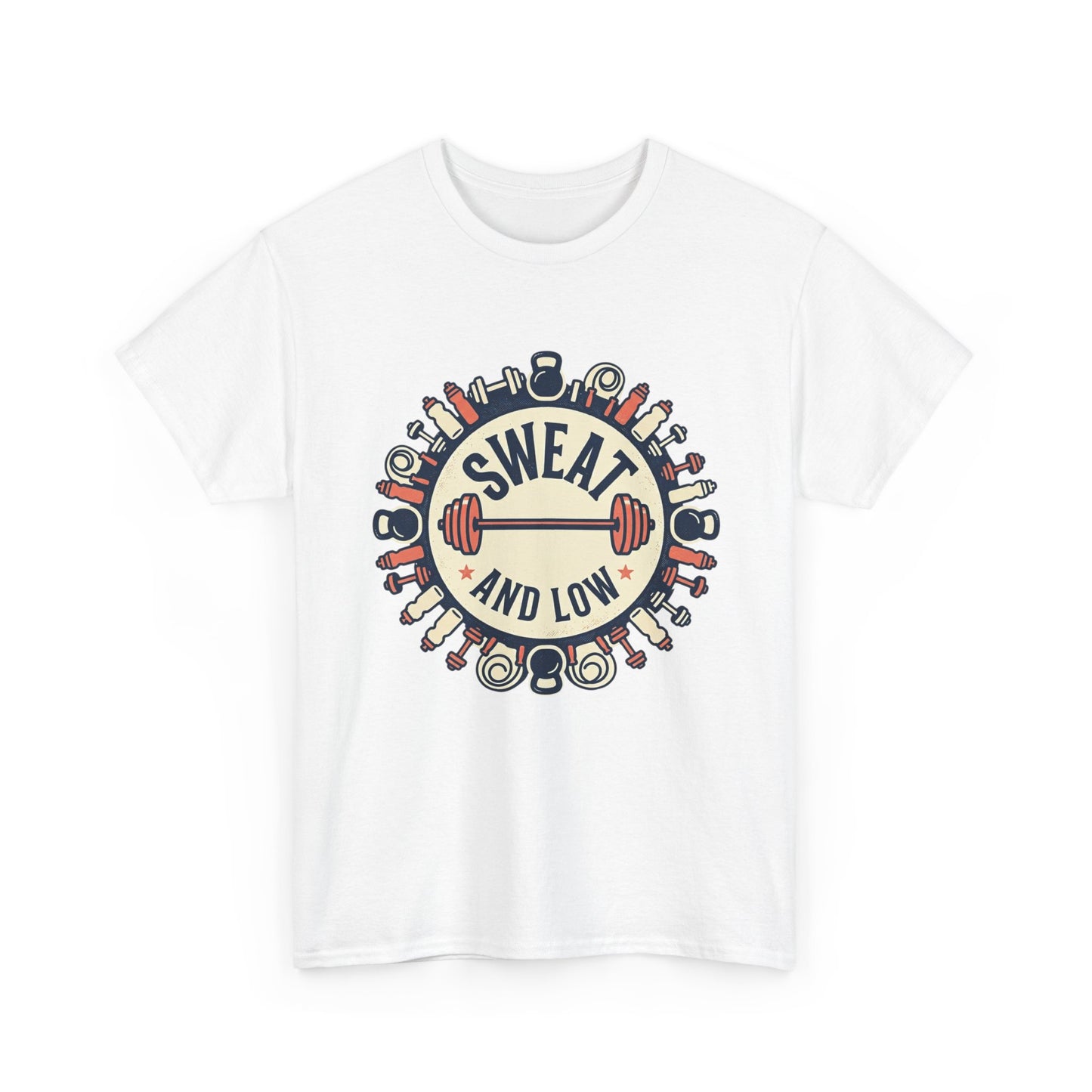 Sweat and Love T-Shirt | Fitness Emblem, Barbell and Kettlebell Design