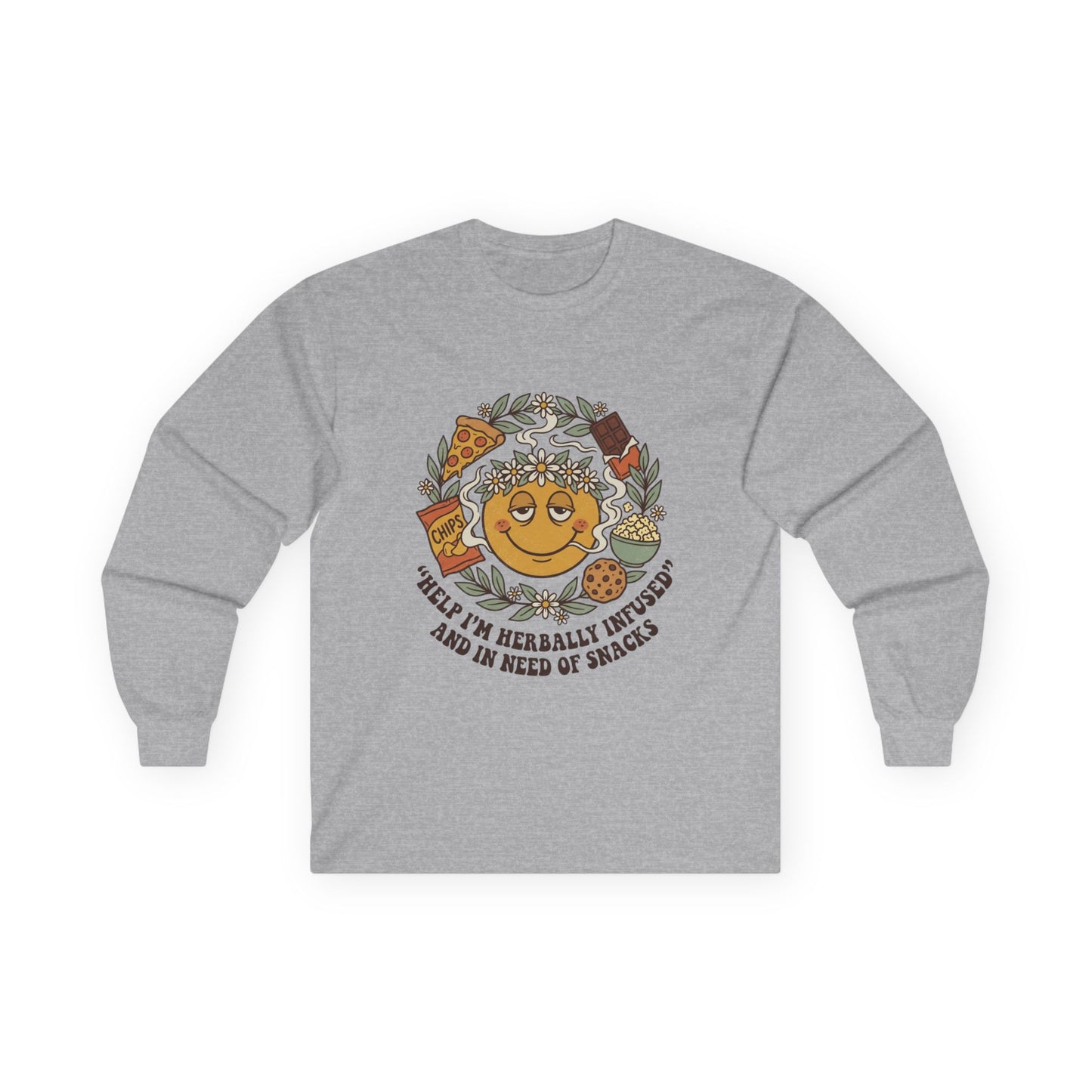 Long Sleeve Tee — 'Heal Thy Herbally Infused, Baked and Kneed of Snacks' Retro Smiley Snack Lovers Shirt
