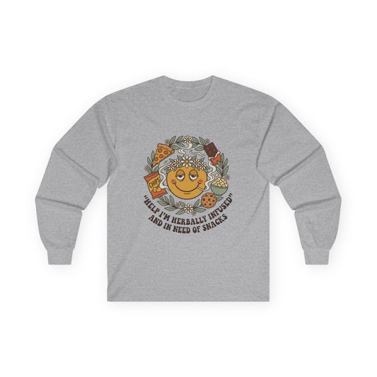 Long Sleeve Tee — 'Heal Thy Herbally Infused, Baked and Kneed of Snacks' Retro Smiley Snack Lovers Shirt