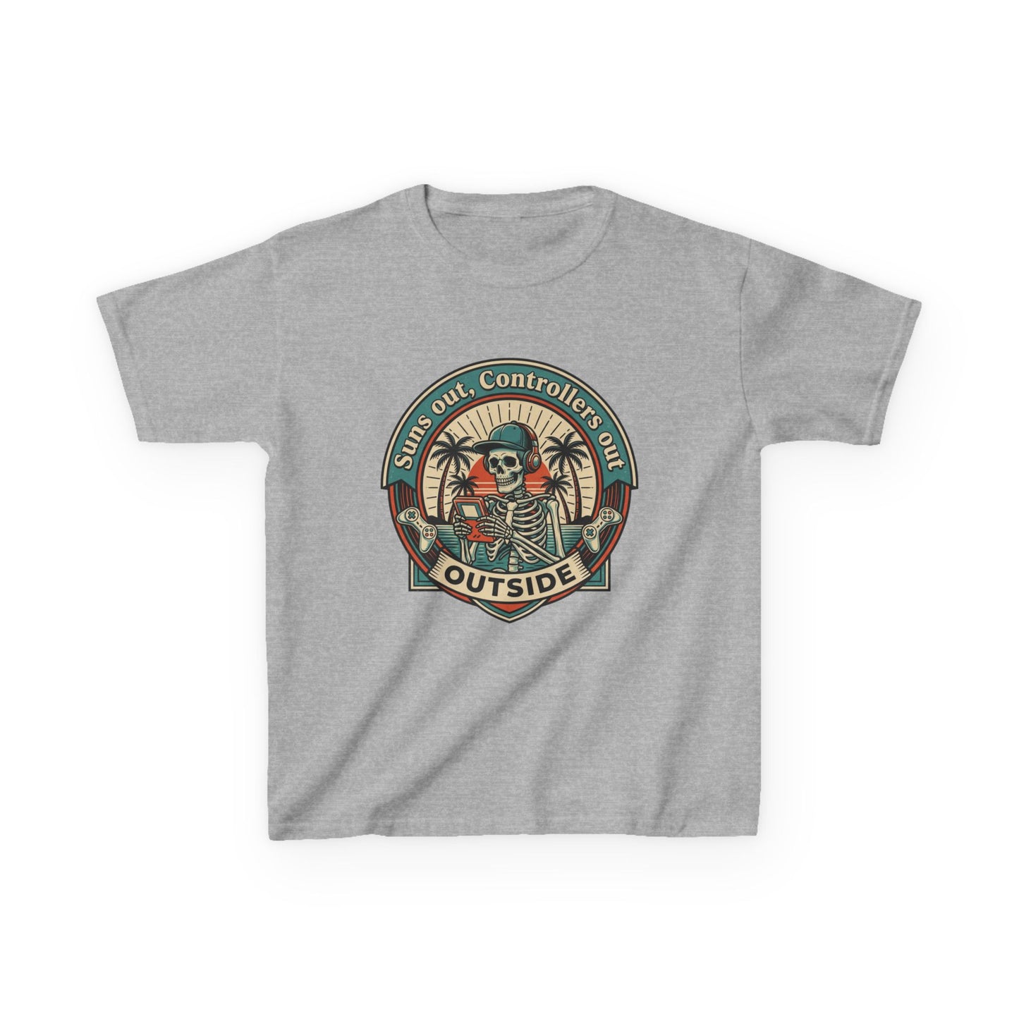 Skeleton Surf Scene Kids Tee | 'Stay Out, Controller's Out' Vintage Beach Badge
