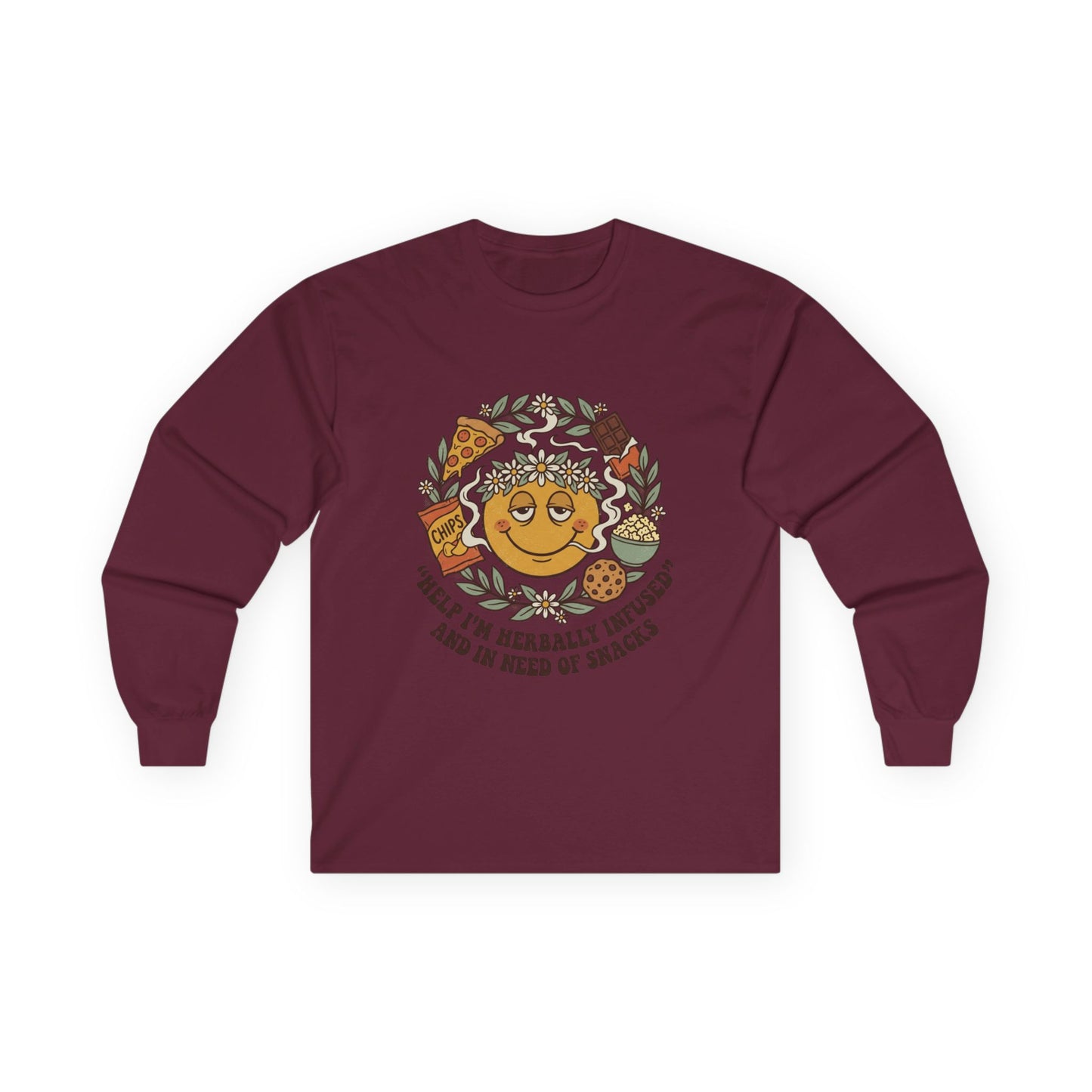 Long Sleeve Tee — 'Heal Thy Herbally Infused, Baked and Kneed of Snacks' Retro Smiley Snack Lovers Shirt