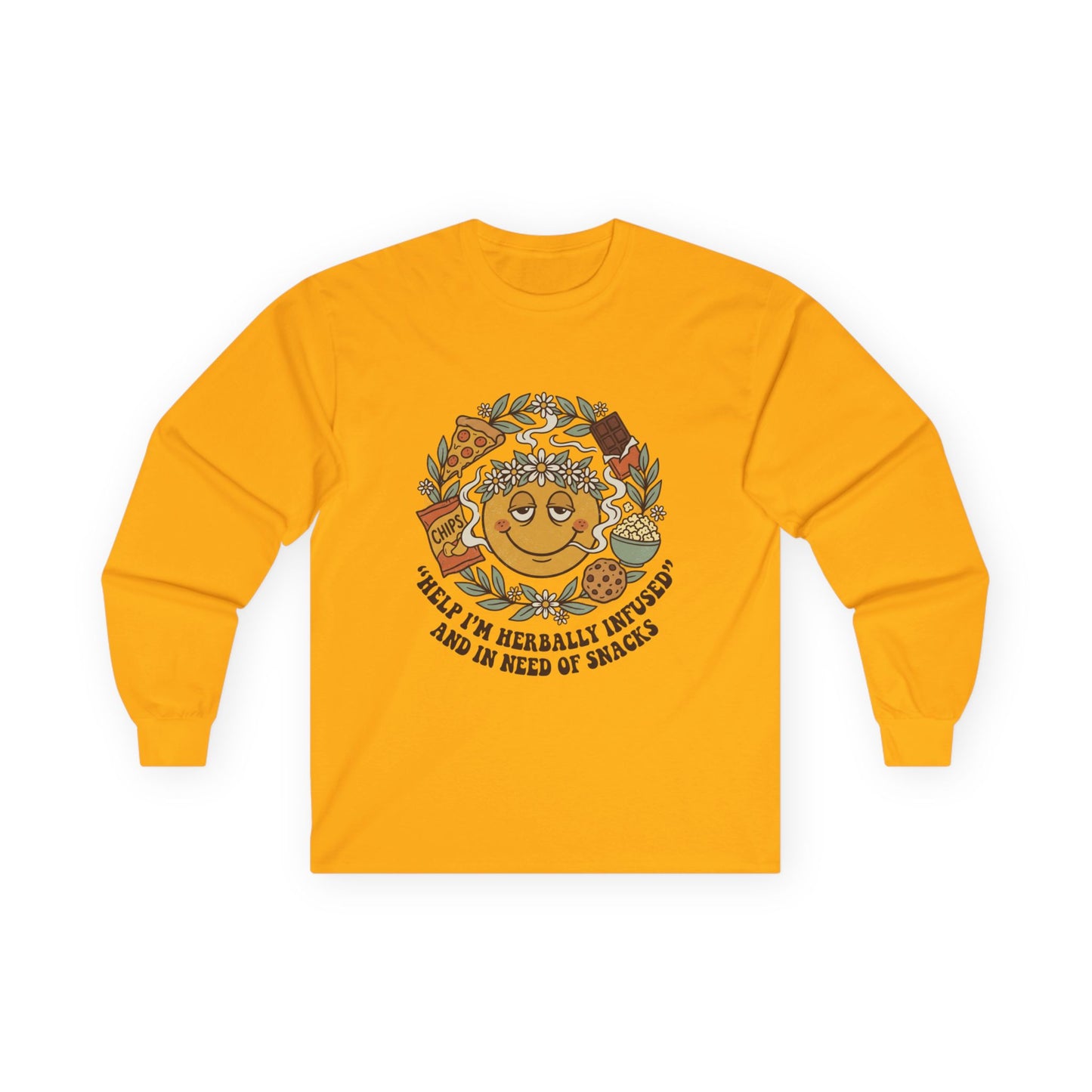 Long Sleeve Tee — 'Heal Thy Herbally Infused, Baked and Kneed of Snacks' Retro Smiley Snack Lovers Shirt