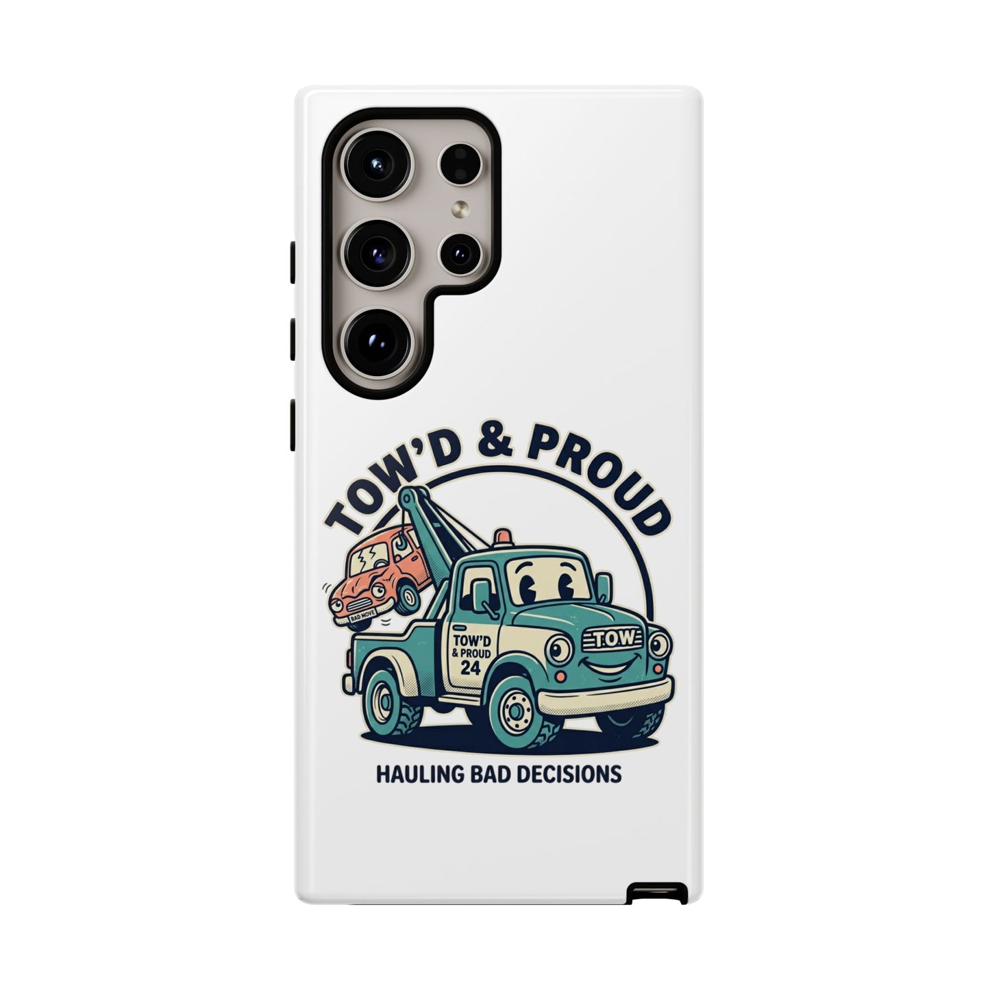 Fast Shipping 3-5 business days in the US. Tow'd & Proud tow truck phone case | humorous tow truck design