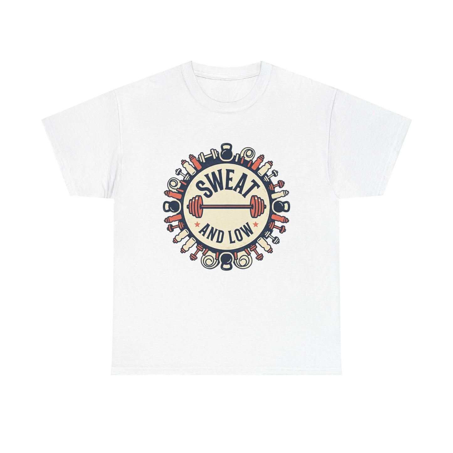 Sweat and Love T-Shirt | Fitness Emblem, Barbell and Kettlebell Design