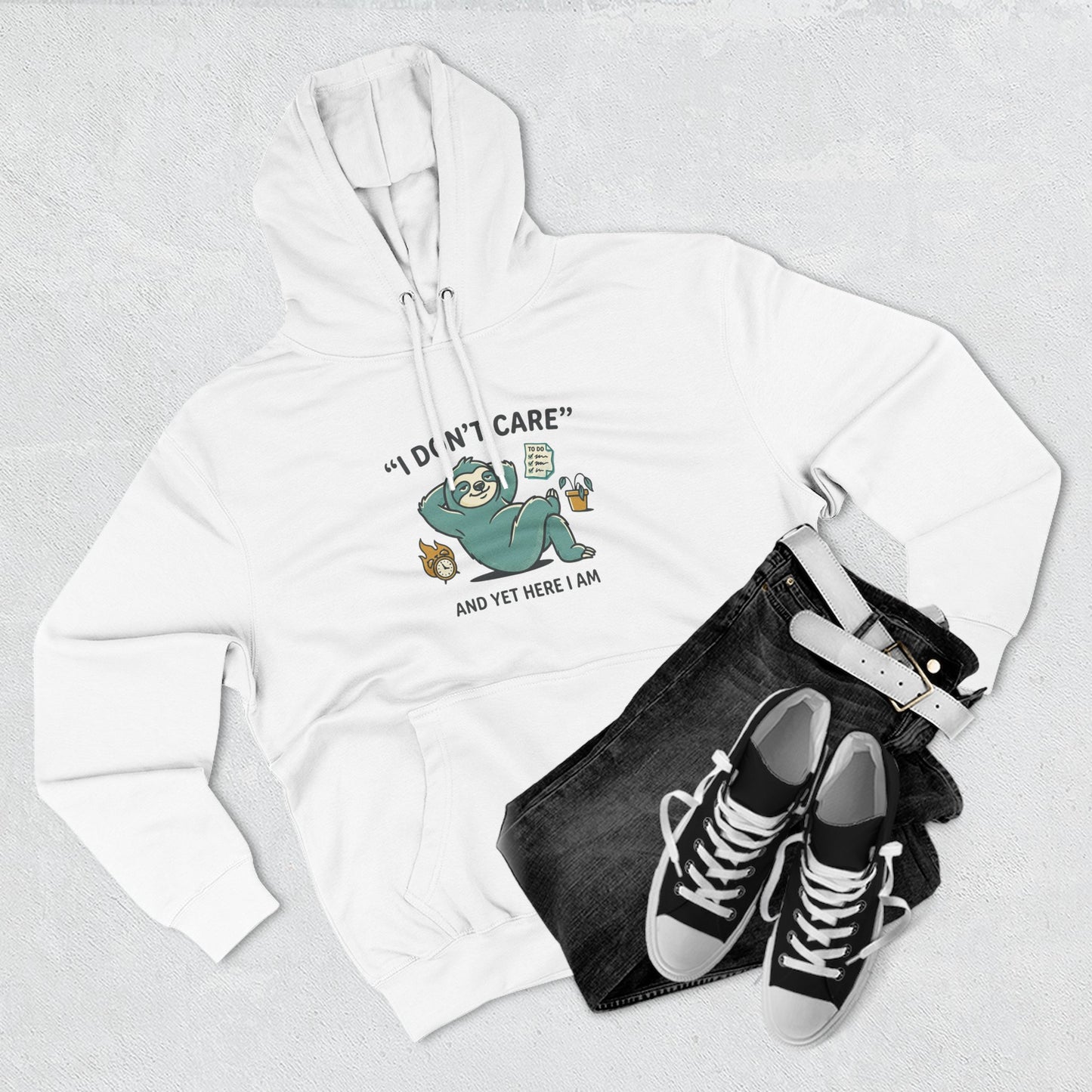 I Don't Care Sloth Hoodie | Lazy Sloth Illustration, Humorous Quote Pullover
